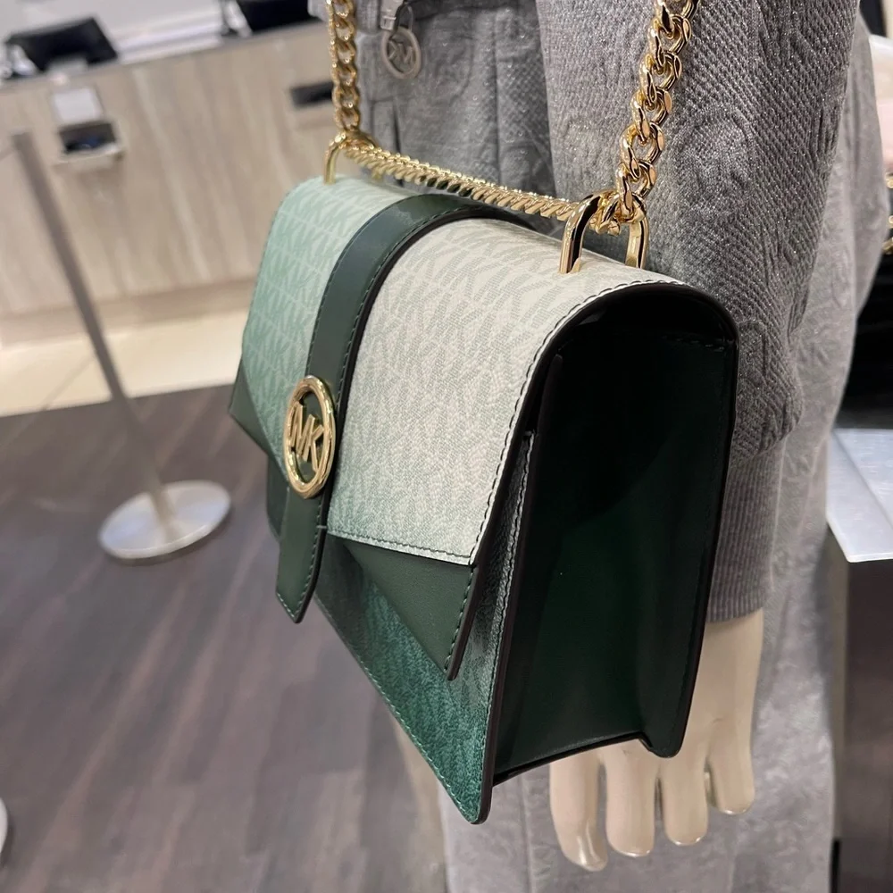Michael Kors Greenwich Sm Color-Block Signature Logo Flap Crossbody XBODY  Moss